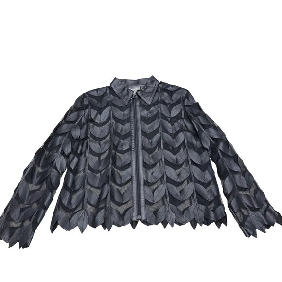Natto Women's Full Zip Black Leather Jacket Mesh Leaf Applique Design, Size L - Picture 1 of 8